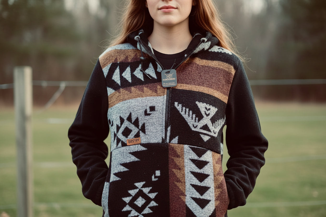 Wool-Blend Western Hoodie - black Navajo