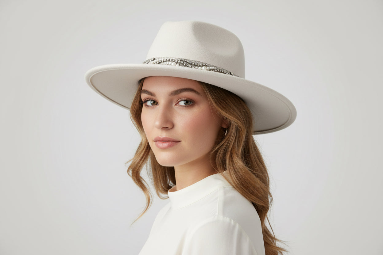 Fedora Hat in White - Beaded Band