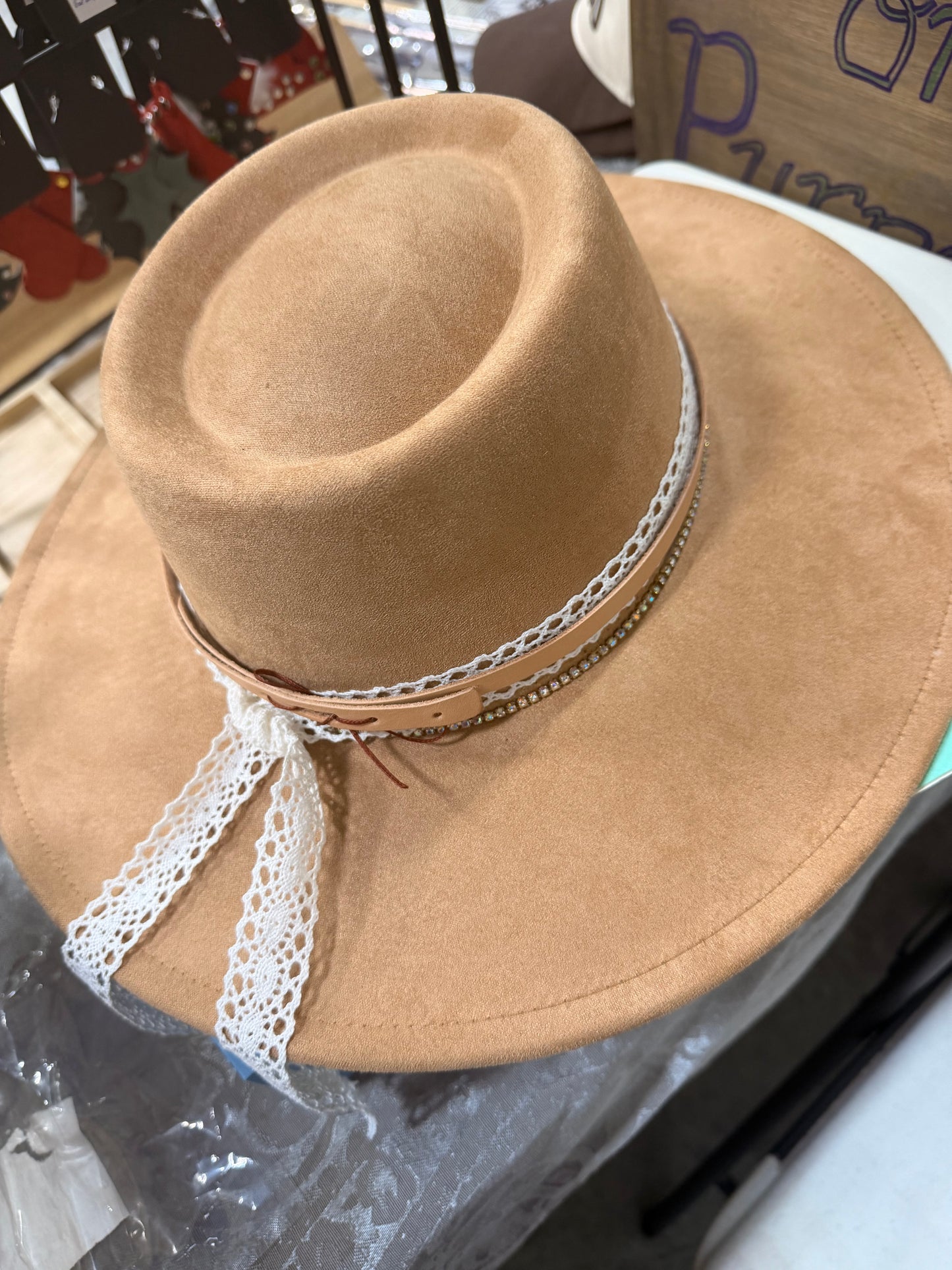 Light brown fedora style with lace , leather and sparkle