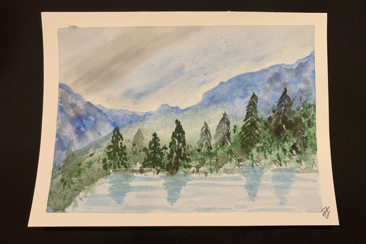 Hand Painted Watercolor Mountain and Trees