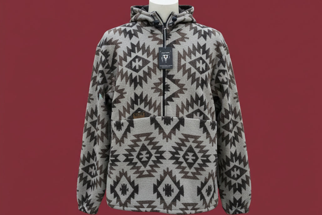 Wool- Blend Western Hoodie-light brown Navajo print