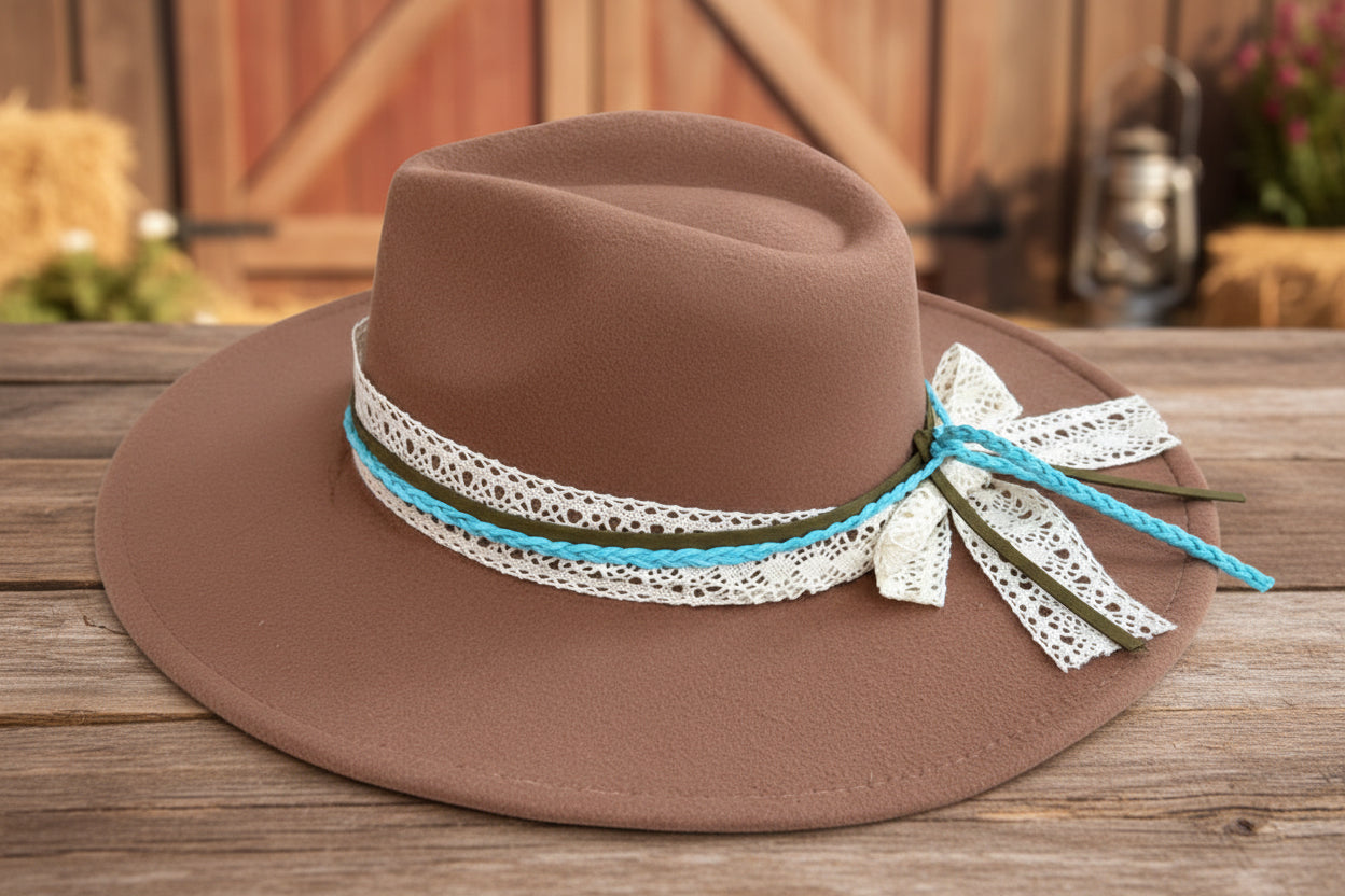 Women's Brown Hat - Lace and Turquoise Band