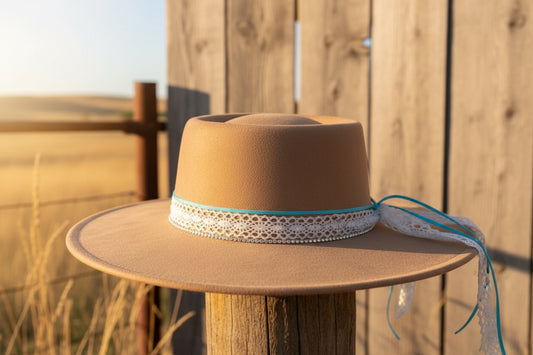 Women's Fedora Hat Brown Lace Turquoise