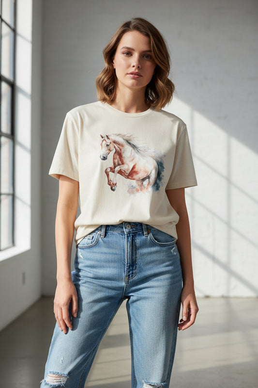 Short Sleeved T-shirt with Horse Print