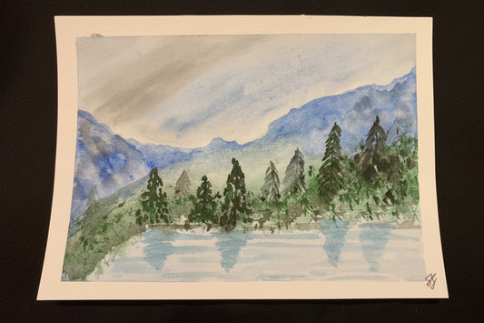 Hand Painted Watercolor Mountain and Trees